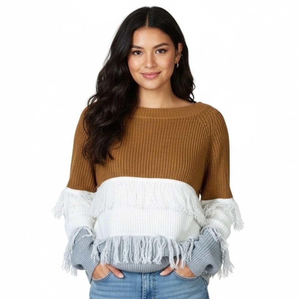 Mazik Fringe Colorblock Shaker Knit Pullover Sweater Brown White Grey Size L